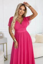 562-9 NASTIA Long dress with a neckline, tie and short sleeves - raspberry sorbet-2