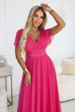 562-9 NASTIA Long dress with a neckline, tie and short sleeves - raspberry sorbet-2