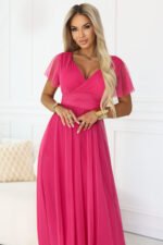 562-9 NASTIA Long dress with a neckline, tie and short sleeves - raspberry sorbet-4