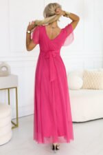 562-9 NASTIA Long dress with a neckline, tie and short sleeves - raspberry sorbet-3