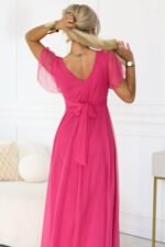 562-9 NASTIA Long dress with a neckline, tie and short sleeves - raspberry sorbet-5
