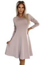 567-1 Comfortable long sleeve trapeze dress - beige-6