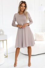 567-1 Comfortable long sleeve trapeze dress - beige-2