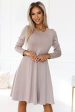 567-1 Comfortable long sleeve trapeze dress - beige-4