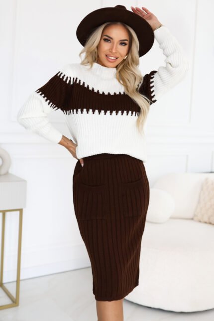 571-2 Two-piece sweater set with matching skirt - chocolate-1