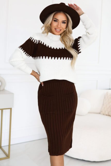 571-2 Two-piece sweater set with matching skirt - chocolate-1