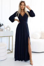 572-1 NELA shiny long gown with neckline and long sleeves - navy blue-1
