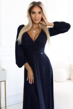 572-1 NELA shiny long gown with neckline and long sleeves - navy blue-2
