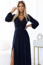 572-1 NELA shiny long gown with neckline and long sleeves - navy blue-4