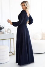 572-1 NELA shiny long gown with neckline and long sleeves - navy blue-3