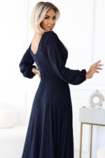 572-1 NELA shiny long gown with neckline and long sleeves - navy blue-5