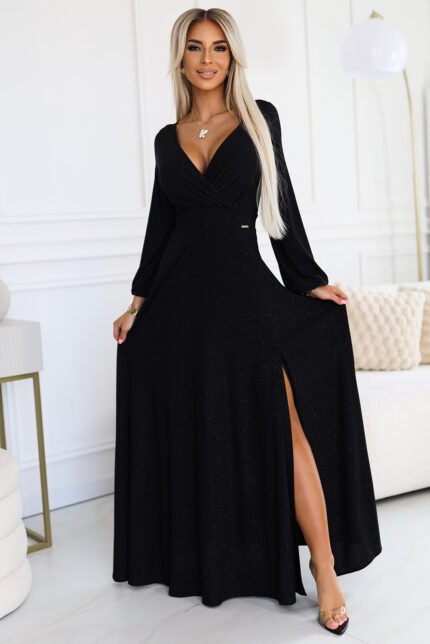 572-2 NELA shiny long gown with neckline and long sleeves - black-1