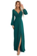 572-4 NELA shiny long dress with neckline, long sleeves and leg slit - green-7