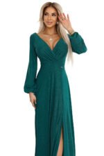 572-4 NELA shiny long dress with neckline, long sleeves and leg slit - green-8