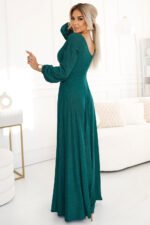 572-4 NELA shiny long dress with neckline, long sleeves and leg slit - green-3