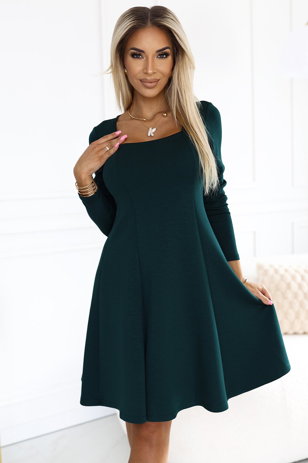 574-1 IVANA comfortable trapeze dress with a neckline and long sleeves - green-1 574-1 IVANA comfortable trapeze dress with a neckline and long sleeves - green-1
