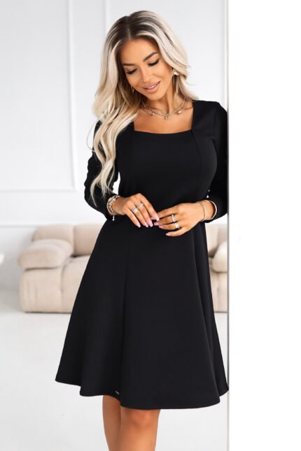 574-3 IVANA comfortable trapeze dress with a neckline and long sleeves - black-1
