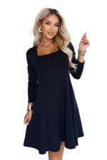 574-4 IVANA Comfortable trapeze dress with a neckline and long sleeve - navy blue-7
