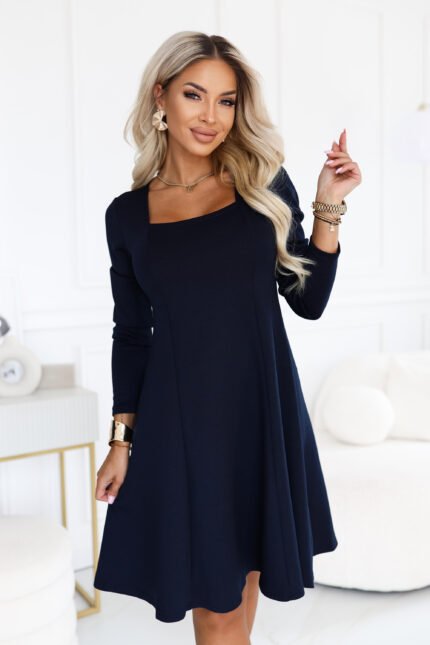 574-4 IVANA Comfortable trapeze dress with a neckline and long sleeve - navy blue-1