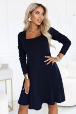 574-4 IVANA Comfortable trapeze dress with a neckline and long sleeve - navy blue-3