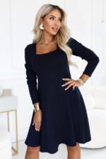 574-4 IVANA Comfortable trapeze dress with a neckline and long sleeve - navy blue-3