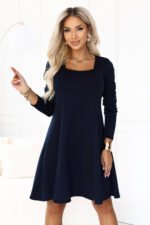 574-4 IVANA Comfortable trapeze dress with a neckline and long sleeve - navy blue-5