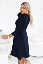 574-4 IVANA Comfortable trapeze dress with a neckline and long sleeve - navy blue-4