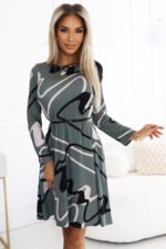 576-1 A-line sweater dress with a belt - olive with a black and beige pattern-2