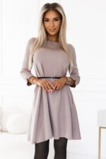 579-1 Classic trapeze dress with black belt - beige-4