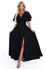 581-7 JENNIFER long dress with a leg slit, sleeves and a neckline - black-8
