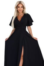 581-7 JENNIFER long dress with a leg slit, sleeves and a neckline - black-9