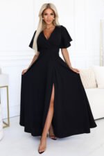 581-7 JENNIFER long dress with a leg slit, sleeves and a neckline - black-1