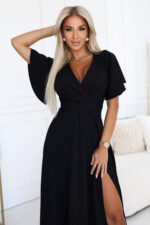 581-7 JENNIFER long dress with a leg slit, sleeves and a neckline - black-3