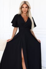 581-7 JENNIFER long dress with a leg slit, sleeves and a neckline - black-4
