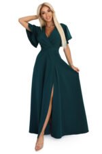581-8 JENNIFER long dress with a leg slit, sleeves and a neckline - bottle green-10