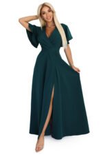 581-8 JENNIFER long dress with a leg slit, sleeves and a neckline - bottle green-10