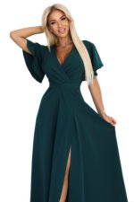 581-8 JENNIFER long dress with a leg slit, sleeves and a neckline - bottle green-9