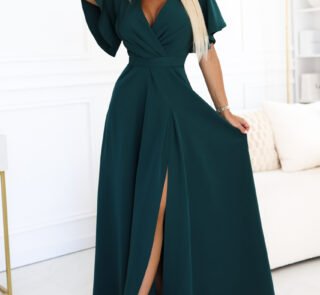 581-8 JENNIFER long dress with a leg slit, sleeves and a neckline - bottle green-1