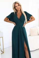 581-8 JENNIFER long dress with a leg slit, sleeves and a neckline - bottle green-3