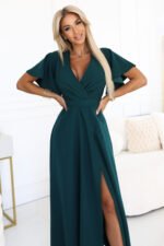 581-8 JENNIFER long dress with a leg slit, sleeves and a neckline - bottle green-3