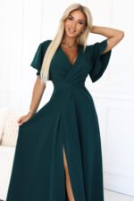 581-8 JENNIFER long dress with a leg slit, sleeves and a neckline - bottle green-5