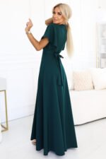 581-8 JENNIFER long dress with a leg slit, sleeves and a neckline - bottle green-2