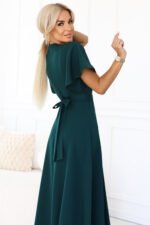 581-8 JENNIFER long dress with a leg slit, sleeves and a neckline - bottle green-4