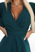 581-8 JENNIFER long dress with a leg slit, sleeves and a neckline - bottle green-8