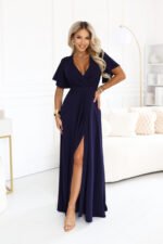 581-9 JENNIFER Long dress with a leg slit, sleeve and neckline - navy blue-10