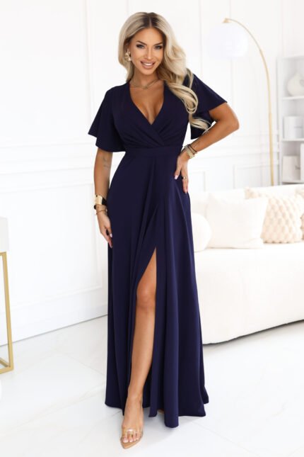 581-9 JENNIFER Long dress with a leg slit, sleeve and neckline - navy blue-1