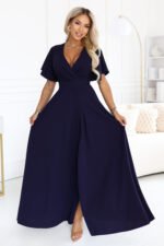 581-9 JENNIFER Long dress with a leg slit, sleeve and neckline - navy blue-3