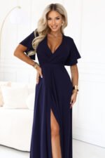 581-9 JENNIFER Long dress with a leg slit, sleeve and neckline - navy blue-8
