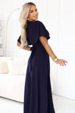581-9 JENNIFER Long dress with a leg slit, sleeve and neckline - navy blue-7