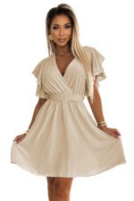 586-1 Women's dress with envelope neckline, sleeves and belt - beige-6